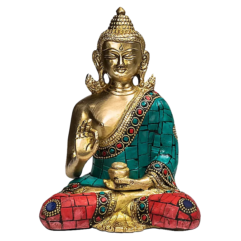 Boeddha Beeld Teaching met Mozaïek Decoratie – Messing 16 cm
