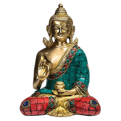Boeddha Beeld Teaching met Mozaïek Decoratie – Messing 16 cm