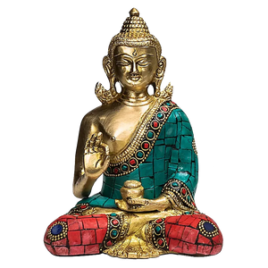 Boeddha Beeld Teaching met Mozaïek Decoratie – Messing 16 cm