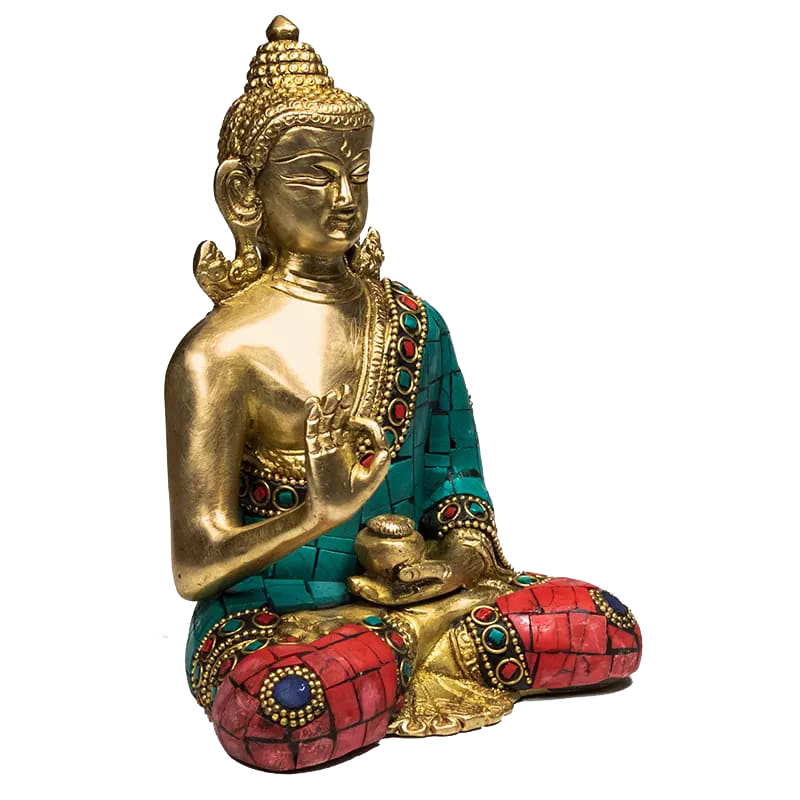 Boeddha Beeld Teaching met Mozaïek Decoratie – Messing 16 cm