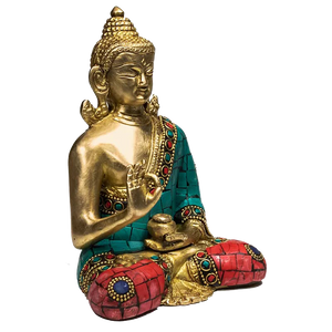 Boeddha Beeld Teaching met Mozaïek Decoratie – Messing 16 cm