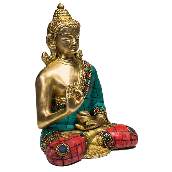 Boeddha Beeld Teaching met Mozaïek Decoratie – Messing 16 cm