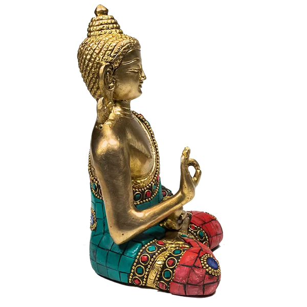 Boeddha Beeld Teaching met Mozaïek Decoratie – Messing 16 cm