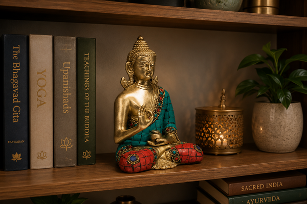 Boeddha Beeld Teaching met Mozaïek Decoratie – Messing 16 cm