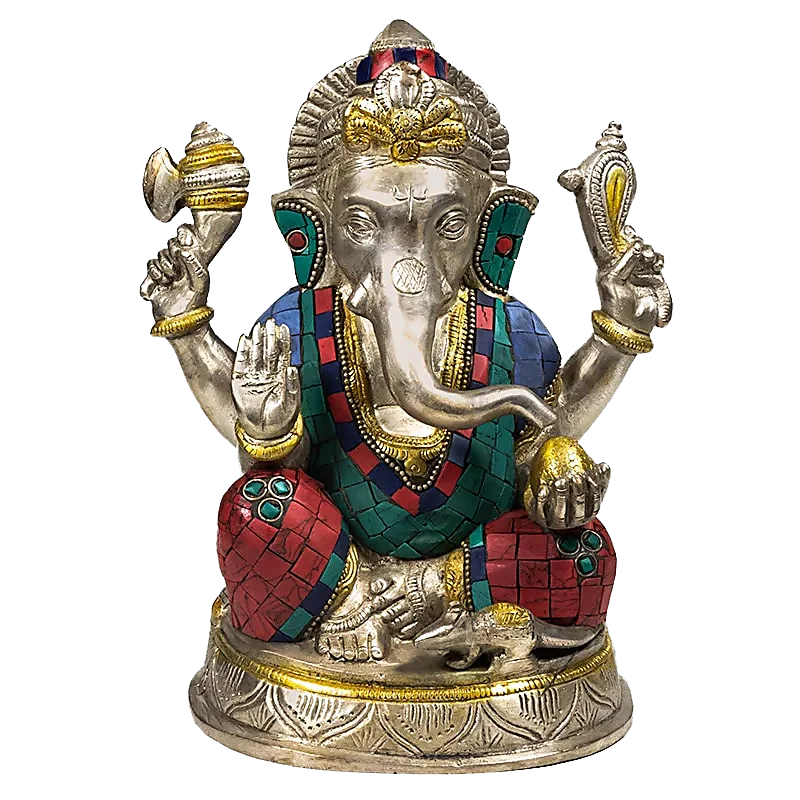 Ganesha Beeld met Mozaïek Decoratie – Messing met Turkoois & Koraal Inleg