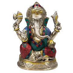 Ganesha Beeld met Mozaïek Decoratie – Messing met Turkoois & Koraal Inleg