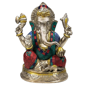 Ganesha Beeld met Mozaïek Decoratie – Messing met Turkoois & Koraal Inleg