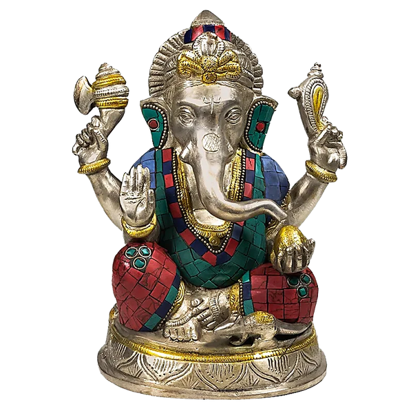 Ganesha Beeld met Mozaïek Decoratie – Messing met Turkoois & Koraal Inleg