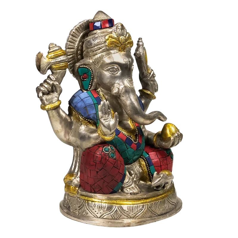 Ganesha Beeld met Mozaïek Decoratie – Messing met Turkoois & Koraal Inleg