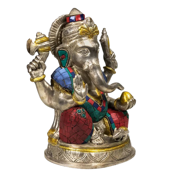 Ganesha Beeld met Mozaïek Decoratie – Messing met Turkoois & Koraal Inleg