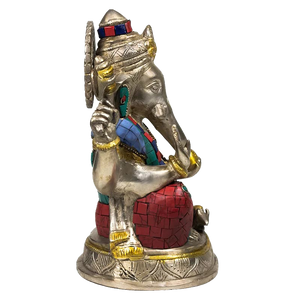 Ganesha Beeld met Mozaïek Decoratie – Messing met Turkoois & Koraal Inleg