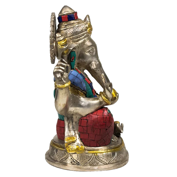 Ganesha Beeld met Mozaïek Decoratie – Messing met Turkoois & Koraal Inleg
