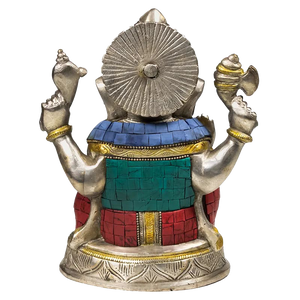 Ganesha Beeld met Mozaïek Decoratie – Messing met Turkoois & Koraal Inleg
