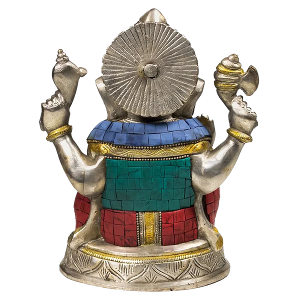Ganesha Beeld met Mozaïek Decoratie – Messing met Turkoois & Koraal Inleg