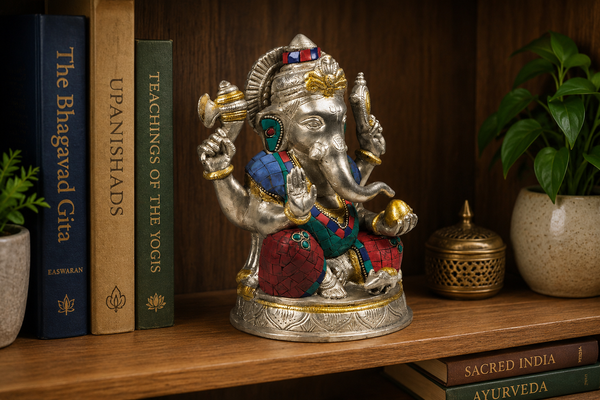 Ganesha Beeld met Mozaïek Decoratie – Messing met Turkoois & Koraal Inleg