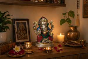 Ganesha Beeld met Mozaïek Decoratie – Messing met Turkoois & Koraal Inleg