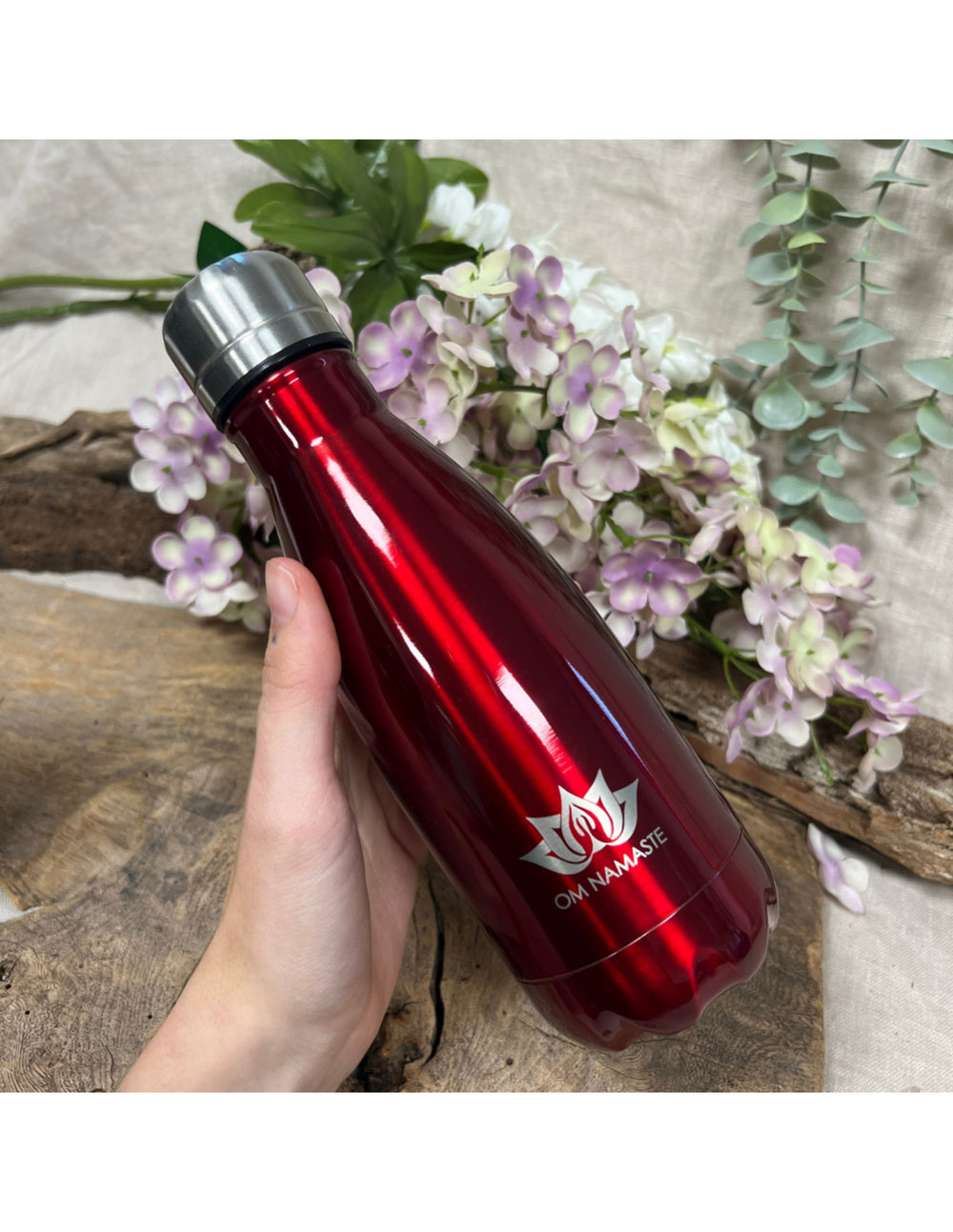 Drinkfles thermosfles klein donkerrood glans Om Namaste RVS