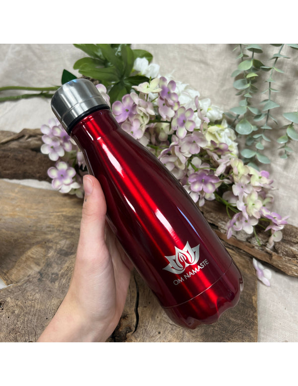 Drinkfles thermosfles klein donkerrood glans Om Namaste RVS