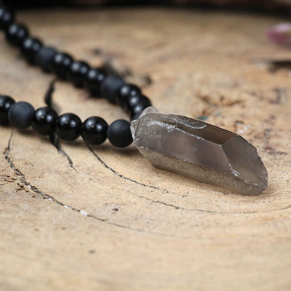 Obsidiaan zwart kralenketting mannen met Rookwarts ruwe punt